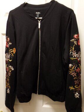 **NWoT** Du Jour XL 18 20 Zip Front BLACK Embroidered! Ponte Knit Bomber Jacket